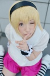 aka blonde_hair blouse cosplay hairband higurashi_no_naku_koro_ni houjou_satoko miniskirt skirt striped thighhighs zettai_ryouiki rating:Safe score:2 user:nil!