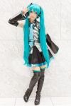 aqua_hair blouse boots cosplay detached_sleeves hatsune_miku headset mineo_kana pantyhose pleated_skirt skirt thigh_boots thighhighs tie twintails vocaloid zettai_ryouiki rating:Safe score:1 user:pixymisa