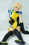 aka blonde_hair cosplay crossplay detached_sleeves headset kagamine_len kagamine_len_no_bousou_(vocaloid) pantyhose school_swimsuit swimsuit thighhighs vocaloid wand rating:Safe score:1 user:nil!