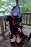 blouse blue_hair bonnet bow cosplay croptop lenfried miniskirt remilia_scarlet skirt skirt_lift thighhighs touhou wings rating:Questionable score:5 user:nil!