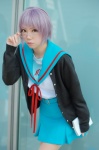 cardigan cosplay glasses ibara nagato_yuki pleated_skirt purple_hair sailor_uniform school_uniform skirt suzumiya_haruhi_no_yuuutsu rating:Safe score:1 user:nil!