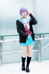 cardigan cosplay glasses kneesocks looking_over_glasses mau nagato_yuki pleated_skirt purple_hair school_uniform skirt suzumiya_haruhi_no_yuuutsu rating:Safe score:0 user:pixymisa