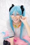 aoki aqua_hair cosplay glasses hatsune_miku headphones hoodie ipod looking_over_glasses miniskirt skirt sound_(vocaloid) thighhighs twintails vocaloid rating:Safe score:0 user:pixymisa