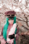 ageha aqua_hair cosplay hatsune_miku jacket military_uniform peaked_cap sakura_mai_yuki_midori suspenders twintails vocaloid rating:Safe score:0 user:nil!