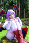 bodysuit boots cosplay elbow_gloves fingerless_gloves gloves head_wings kouda_ema lilimania lilith_aensland pantyhose purple_hair vampire_(game) wings rating:Safe score:4 user:nil!