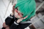 cosplay glasses green_hair gumi mashiro_ayaki pantyhose red_legwear sailor_uniform school_uniform vocaloid yowamushi_mont-blanc_(vocaloid) rating:Safe score:2 user:Kryzz