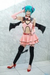 aqua_hair chii cleavage cosplay dress elbow_gloves fingerless_gloves garter_belt gloves hairbows hatsune_miku project_diva stirrup_socks tail twintails vocaloid wings world_is_mine_(vocaloid) rating:Safe score:1 user:nil!