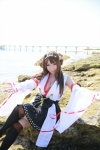 beach black_legwear cleavage cosplay detached_sleeves hairband kantai_collection kimono kongou_(kantai_collection) ocean pleated_skirt saku skirt thighhighs zettai_ryouiki rating:Safe score:0 user:nil!