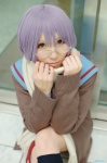 cardigan cosplay glasses kneesocks nagato_yuki pleated_skirt purple_hair rinami sailor_uniform scarf school_uniform skirt suzumiya_haruhi_no_yuuutsu rating:Safe score:3 user:nil!