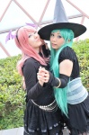 aqua_hair blouse cosplay detached_sleeves dress hairband hatsune_miku itsuki_(model) megurine_luka pink_hair striped tagme_song tenko thighhighs twintails vocaloid witch_hat zettai_ryouiki rating:Safe score:0 user:nil!