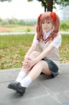 blouse cosplay hairbows koka pantyhose pleated_skirt red_hair school_uniform shirai_kuroko skirt socks sweater_vest to_aru_majutsu_no_index twintails rating:Safe score:1 user:nil!