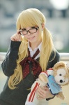 blonde_hair blouse cosplay glasses hayase_ami original pleated_skirt school_uniform skirt stuffed_animal sweater teddy_bear twintails rating:Safe score:1 user:nil!