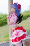 blouse blue_hair bonnet bow cosplay croptop half_skirt_open_front lenfried remilia_scarlet tail tail_plug thighhighs touhou wings rating:Safe score:0 user:nil!