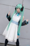 apron aqua_hair cosplay detached_sleeves hatsune_miku headset mizuhara_akio pleated_skirt skirt sweater_vest tagme_song thighhighs tie twintails vocaloid whisk zettai_ryouiki rating:Safe score:0 user:nil!