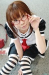 asu_no_yoichi! cosplay glasses ikaruga_chihaya looking_over_glasses nanahara_mai sailor_uniform school_uniform striped thighhighs tie rating:Safe score:0 user:nil!