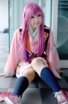 cosplay fan harukanaru_toki_no_naka_de harukanaru_toki_no_naka_de_3 kasuga_nozomi kimono kneesocks moeka pantyhose pink_hair pleated_skirt skirt rating:Safe score:0 user:nil!