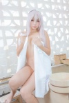 barefoot bathroom bathtub cleavage cosplay guguru hairband open_clothes towel white_hair yunohana_yuuna yuragisou_no_guguru-san yuragisou_no_yuuna-san rating:Safe score:0 user:nil!