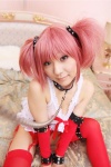 babydoll bed collar cosplay garter_belt hanamura_misaki kaname_madoka leash panties pink_hair puella_magi_madoka_magica thighhighs twintails rating:Safe score:0 user:nil!