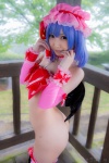 blue_hair bonnet bow corset cosplay detached_sleeves garter_straps lenfried monokini one-piece_swimsuit remilia_scarlet sling_bikini swimsuit thighhighs touhou wings rating:Questionable score:1 user:nil!