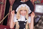 apron bed blonde_hair cosplay dress kirisame_marisa love_saotome skirt touhou vest witch_hat rating:Safe score:0 user:nil!