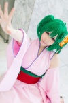 cosplay detached_sleeves flower green_hair kimono macross macross_frontier miiko obi ranka_lee red_eyes twintails rating:Safe score:1 user:pixymisa