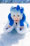 ageha blue_hair cosplay ear_muffs hairbows hatsune_miku jacket mittens sakura_mai_yuki_midori twintails vocaloid yuki_miku rating:Safe score:0 user:nil!