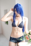 ahoge bikini_top blue_hair cleavage cosplay denim ikkitousen kanu_unchou kibashi shorts swimsuit rating:Safe score:2 user:nil!