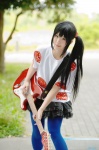 boots cosplay guitar k-on! kousaka_yun miniskirt nakano_azusa pantyhose side_ponytail skirt tshirt rating:Safe score:2 user:nil!