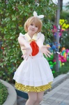 apron blonde_hair cosplay dress emochan hairbow koizumi_hanayo love_live!_school_idol_project pantyhose sheer_legwear rating:Safe score:0 user:nil!
