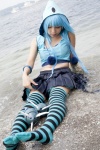 asakura_kana beach blue_hair cosplay croptop gundam msm-07_z'gok ocean pleated_skirt skirt striped tank_top thighhighs wet zettai_ryouiki rating:Safe score:3 user:nil!