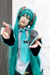aqua_hair beng cosplay default_costume detached_sleeves hatsune_miku headset pleated_skirt skirt tie twintails vocaloid rating:Safe score:1 user:pixymisa