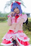 blouse blue_hair bonnet bow cosplay croptop half_skirt_open_front lenfried remilia_scarlet tail tail_plug touhou wings rating:Questionable score:1 user:nil!