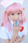 cosplay lollipop milk_(pop'n) nurse nurse_cap nurse_uniform pink_hair pop'n_music thighhighs zero_inch zettai_ryouiki rating:Safe score:0 user:nil!