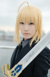 ahoge blazer blonde_hair cosplay fate/series fate/zero gloves ponytail saber sword yuuri_(shio274) rating:Safe score:0 user:nil!