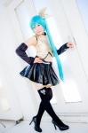 aqua_hair black_legwear cosplay croptop detached_sleeves hairbow hatsune_miku mashiro_yuki pleated_skirt ponytail project_diva skirt thighhighs vocaloid zettai_ryouiki rating:Safe score:0 user:nil!