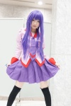 bakemonogatari blouse cosplay hiokichi pleated_skirt purple_eyes purple_hair senjougahara_hitagi skirt skirt_lift thighhighs tie zettai_ryouiki rating:Safe score:1 user:pixymisa