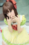 bowtie cosplay dress hagiwara_yukiho hairbow idolmaster maitako pantyhose sheer_legwear rating:Safe score:0 user:pixymisa