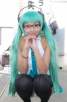 aqua_hair cosplay glasses hatsune_miku headphones necoco panties pantyhose pleated_skirt skirt sleeveless_blouse thighhighs tie twintails vocaloid rating:Safe score:0 user:pixymisa