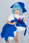 blouse blue_hair cirno cosplay dress_lift hairbow jumper lenfried socks touhou rating:Safe score:1 user:nil!