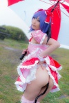 ass blouse blue_hair bonnet bow cosplay croptop half_skirt_open_front lenfried rain remilia_scarlet tail_plug thighhighs touhou umbrella wings rating:Questionable score:1 user:nil!