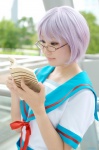 book cosplay glasses nagato_yuki pleated_skirt purple_hair ryo sailor_uniform school_uniform skirt suzumiya_haruhi_no_yuuutsu rating:Safe score:0 user:nil!