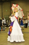 blonde_hair cosplay dress fan hat ribbon tiered_skirt touhou umbrella yakumo_yukari yayo rating:Safe score:1 user:pixymisa