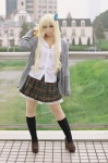 blonde_hair blouse boku_wa_tomodachi_ga_sukunai cardigan cleavage cosplay kashiwazaki_sena kneesocks miiko pantyhose pleated_skirt school_uniform skirt rating:Safe score:4 user:nil!