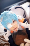 arimura_chika ayanami_rei bed blue_hair bodysuit cosplay eyepatch gloves hair_pods neon_genesis_evangelion plugsuit rating:Safe score:2 user:nil!