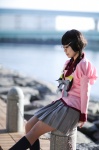bakemonogatari blouse bowtie cosplay glasses hanekawa_tsubasa kneesocks momo_(iii) pleated_skirt skirt twin_braids rating:Safe score:0 user:pixymisa