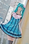 aqua_hair colorful_x_melody_(vocaloid) cosplay detached_sleeves dress dress_lift hatsune_miku kei project_diva thighhighs twintails vocaloid zettai_ryouiki rating:Safe score:3 user:nil!