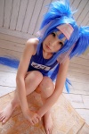 blue_hair buyara cosplay hair_ribbons headband klan_klein macross macross_frontier one-piece_swimsuit school_swimsuit swimsuit twintails rating:Safe score:0 user:nil!