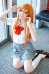 bleach blouse cosplay inoue_orihime kneesocks orange_hair pleated_skirt skirt soubi_zero rating:Safe score:2 user:nil!