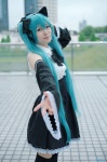 aqua_hair cosplay detached_sleeves dress hairbows hatsune_miku headset project_diva thighhighs twintails vocaloid yoppy zettai_ryouiki rating:Safe score:0 user:nil!