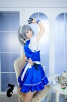 apron cosplay dress garter hairband izayoi_sakuya knives maid maid_uniform maropapi silver_hair socks touhou twin_braids rating:Safe score:0 user:nil!